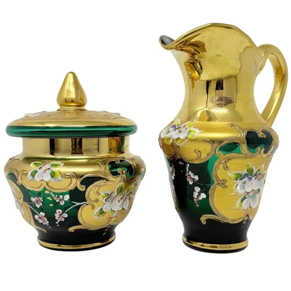 Vintage Emerald Green Gold Enamel Sugar Bowl & Creamer Set Floral